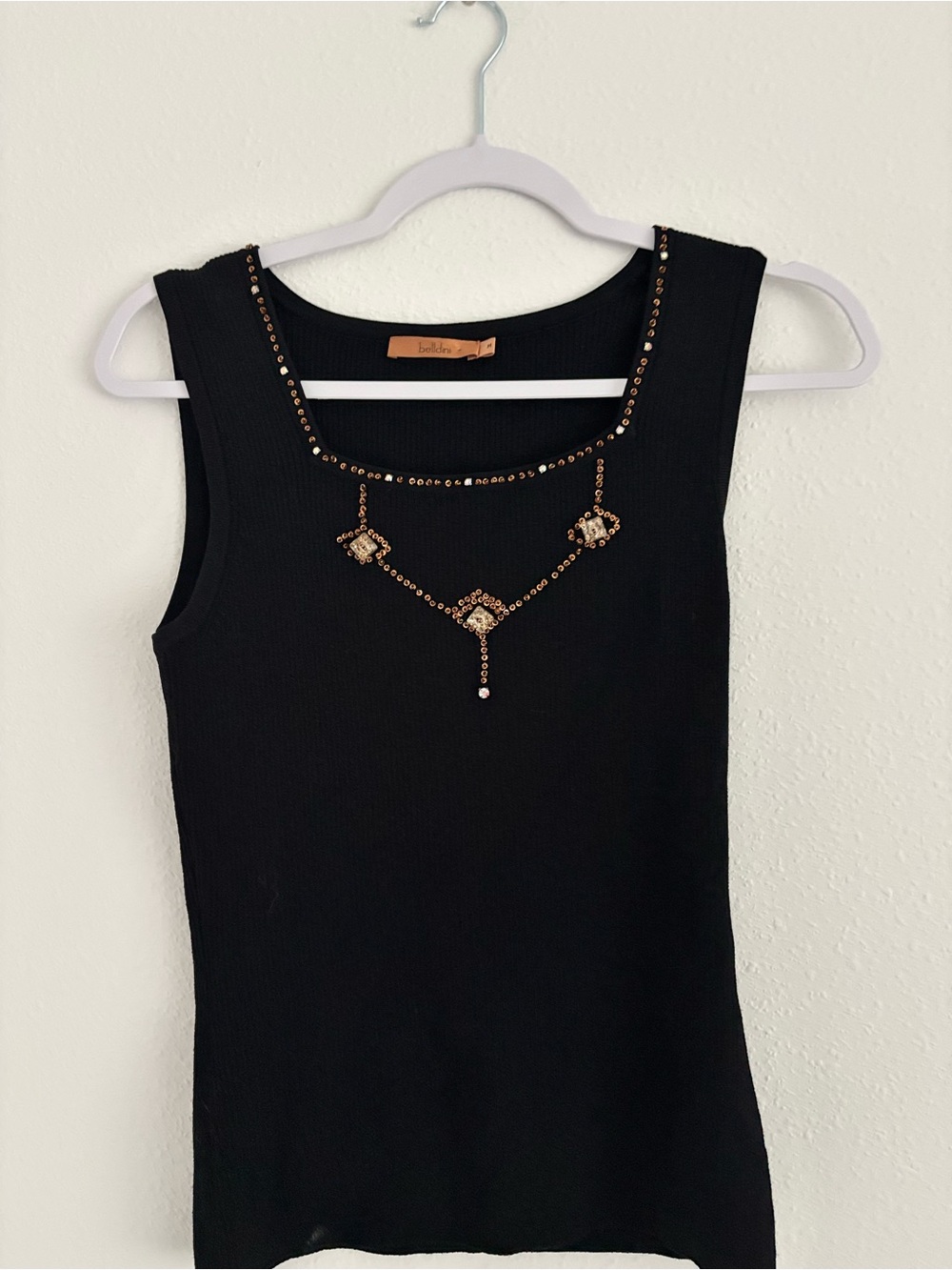 Belldini Ribbed Knit Embellished Beaded Rhinestone Sleeveless Top